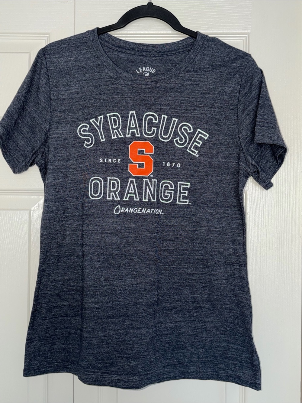 League Women's Heather Syracuse 'S' Graphic Tee with Orange Lettering Size L